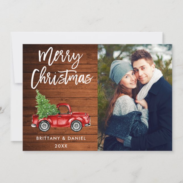 Wood Brush Script Truck Couple Photo Christmas Holiday Card (Front)