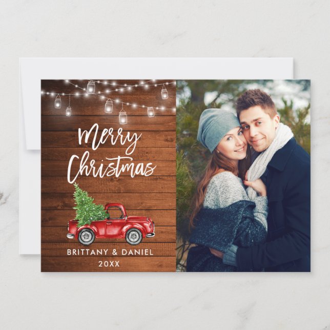 Wood Brush Script Truck Lights Photo Christmas Holiday Card (Front)