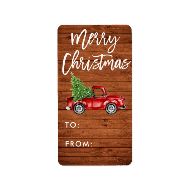 Wood Brush Script Vintage Truck Christmas Gift Label (Front)