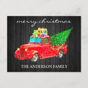 Wood Brush Script Vintage Truck Christmas Tree Holiday Postcard