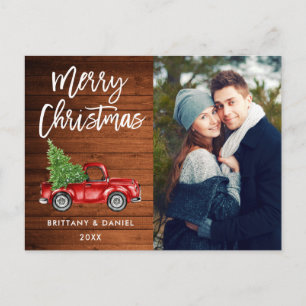 Wood Brush Script Vintage Truck Couple Christmas Postcard