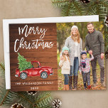 Wood Brush Script Vintage Truck Photo Christmas Holiday Card<br><div class="desc">Rustic Wood Brush Script Watercolor Vintage Red Truck with Christmas Tree - Merry Christmas Family Photo Card</div>