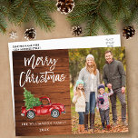 Wood Brush Script Vintage Truck Photo Christmas Postcard<br><div class="desc">Rustic Wood Brush Script Watercolor Vintage Red Truck with Christmas Tree - Merry Christmas Family Photo Postcard</div>