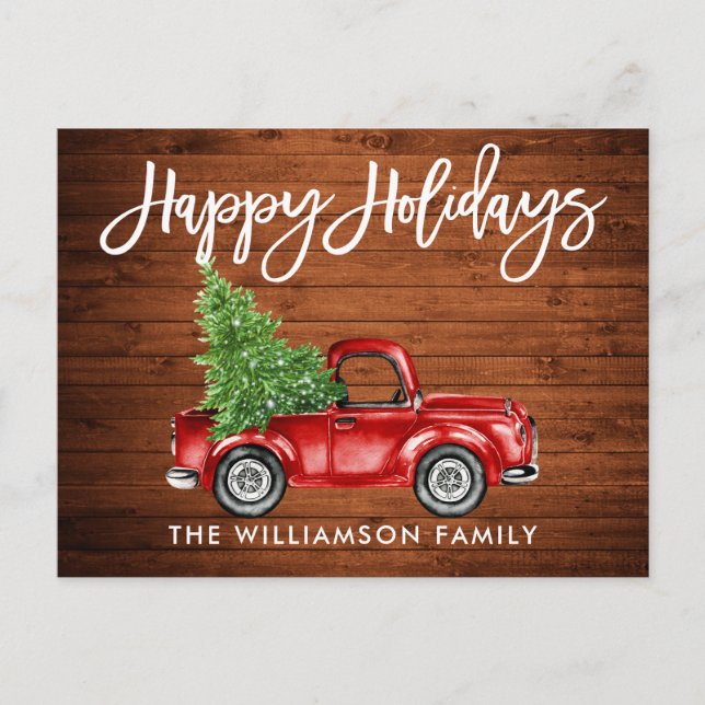 Wood Brush Script Vintage Truck Tree Holiday Postcard (Front)