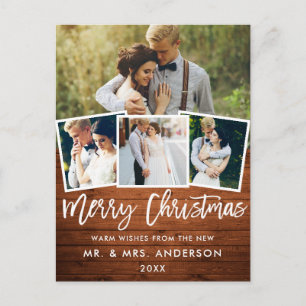 Wood Brush Script Wedding Christmas 4 Photo Postcard