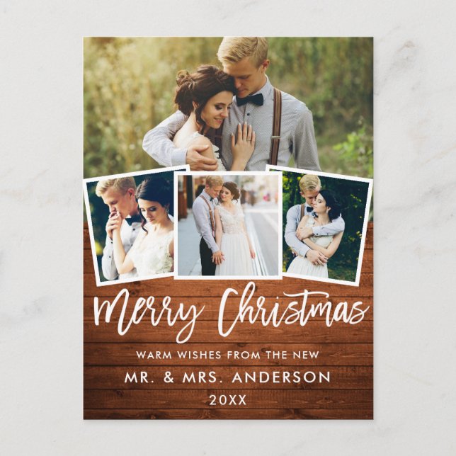 Wood Brush Script Wedding Christmas 4 Photo Postcard (Front)
