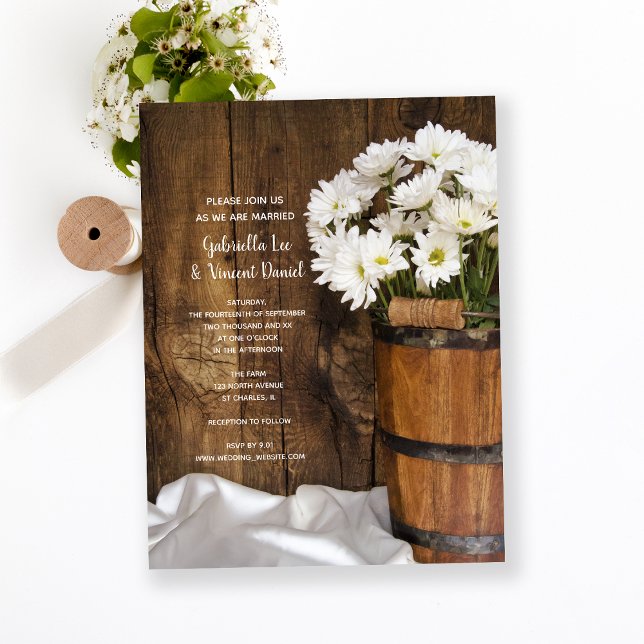 Wood Bucket and White Daisies Ranch Wedding Magnetic Invitation (Creator Uploaded)