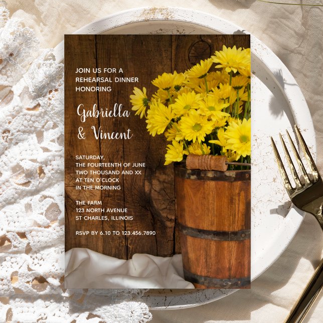 Wood Bucket Daisies Barn Wedding Rehearsal Dinner Invitation (Creator Uploaded)