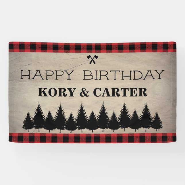 Wood Buffalo Plaid Birthday Banner (Horizontal)