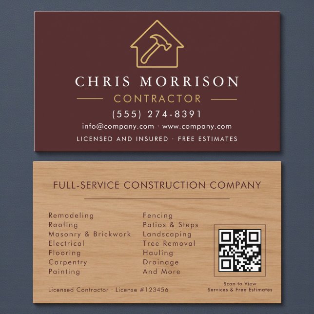 Wood Building Construction Burgundy Gold QR Code Business Card (Creator Uploaded)
