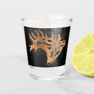 Wood Bull Elk On Black Leather Shot Glass