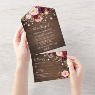 Wood Burgundy Floral Lights Rustic Wedding All In  One Invitation