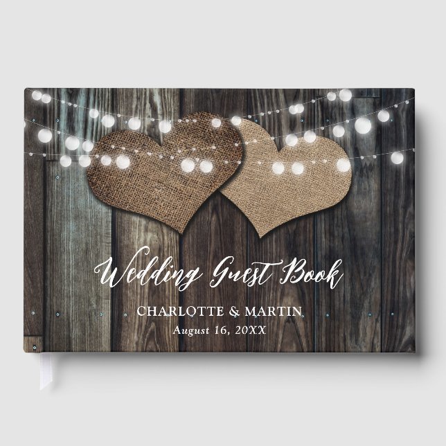 Wood Burlap Hearts String Lights Country Wedding Guest Book (Front)