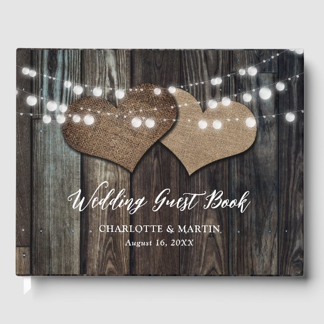 Wood Burlap Hearts String Lights Country Wedding Guest Book (Front)
