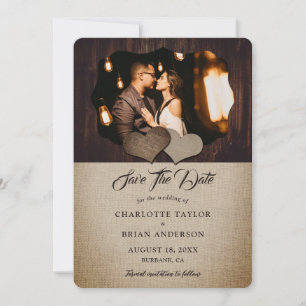 Wood Burlap Lace Country Barn Wedding Photo  Save The Date