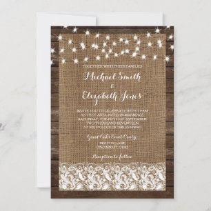 Wood Burlap Lace Lights Rustic Wedding Invitations