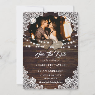 Wood Burlap Lace String Lights Wedding Photo  Save The Date