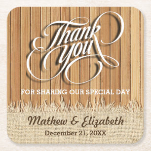 Wood Burlap Thank You Wedding Square Paper Coaster