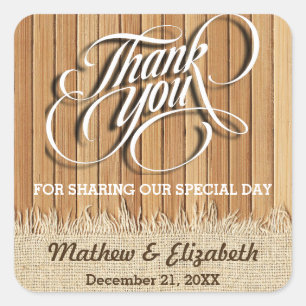 Wood Burlap Thank You Wedding Square Sticker