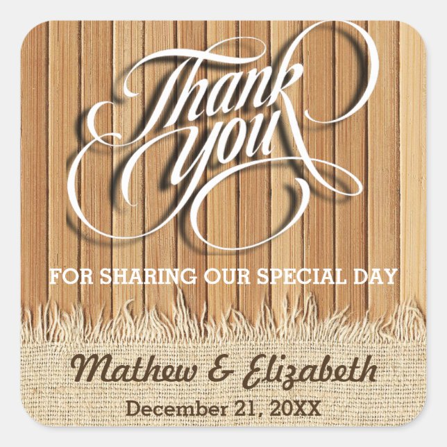 Wood Burlap Thank You Wedding Square Sticker (Front)