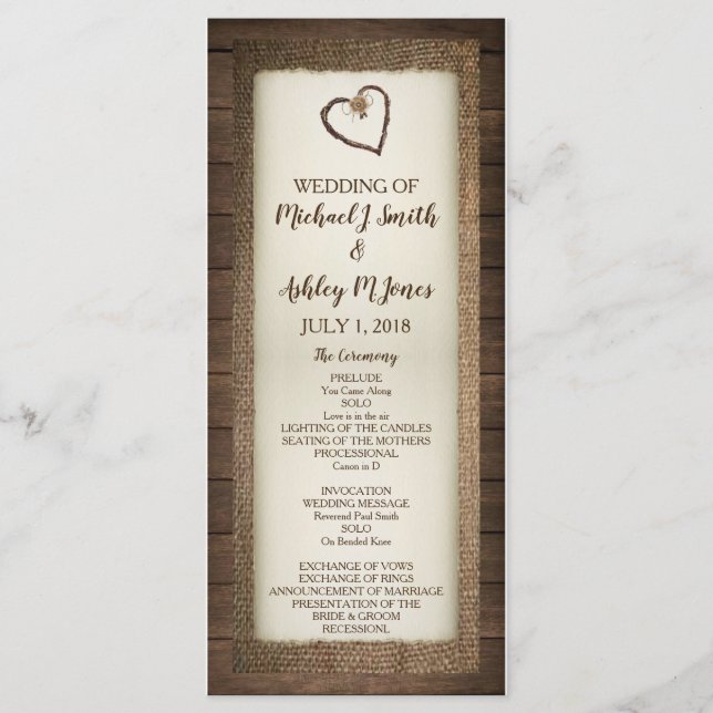 Wood, Burlap & Twine Heart Wedding Program Programme (Front)