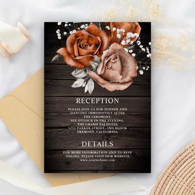 Wood Burnt Orange Rose Terracotta Wedding Details Enclosure Card (Creator Uploaded)