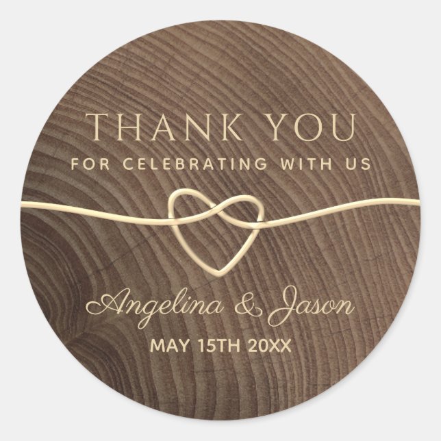 Wood Calligraphy Wedding Thank You Favour Classic Round Sticker (Front)