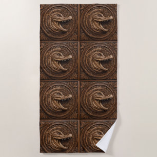 Wood Carved Australian Crocodile, Beach Towel