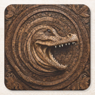 Wood Carved Australian Crocodile, Square Paper Coaster