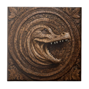 Wood Carved Australian Crocodile, Tile
