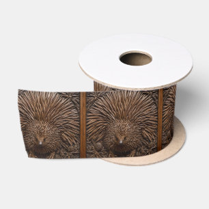Wood Carved Australian Echidna, Satin Ribbon