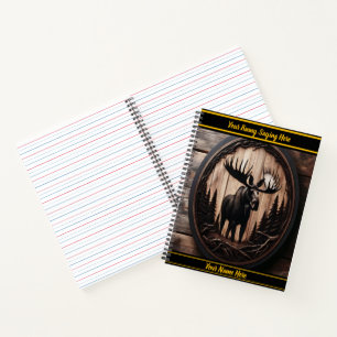 Wood-carved moose in a forest setting notebook
