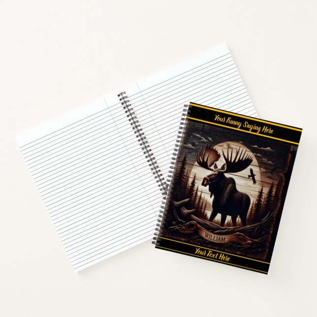 Wood-carved moose in forest setting notebook (Inside)