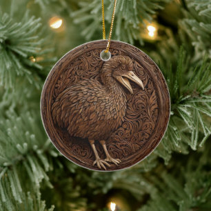 Wood Carved New Zealand Dodo Bird, Ceramic Tree Decoration