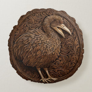 Wood Carved New Zealand Dodo Bird,  Round Cushion