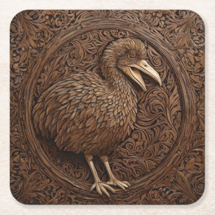 Wood Carved New Zealand Dodo Bird, Square Paper Coaster