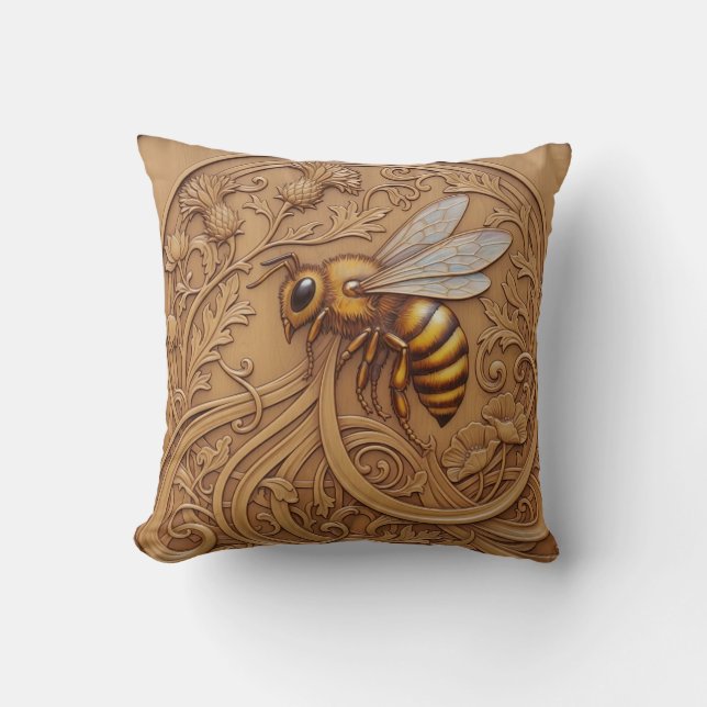 Wood carving effect Throw Cushion big bee (Front)