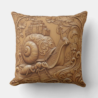 Wood carving effect Throw Cushion snail and ant