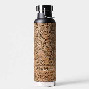 Wood Carvings Floral Pattern Add Name Water Bottle