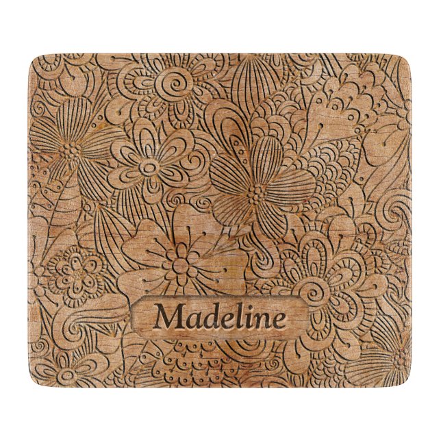 Wood Carvings Floral Pattern Personalised Cutting Board (Front)