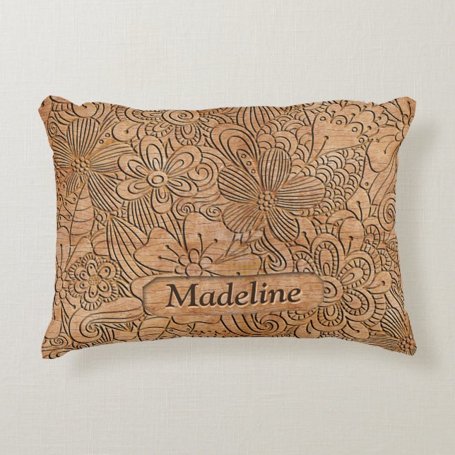 Wood Carvings Floral Pattern Personalised Decorative Cushion (Front)