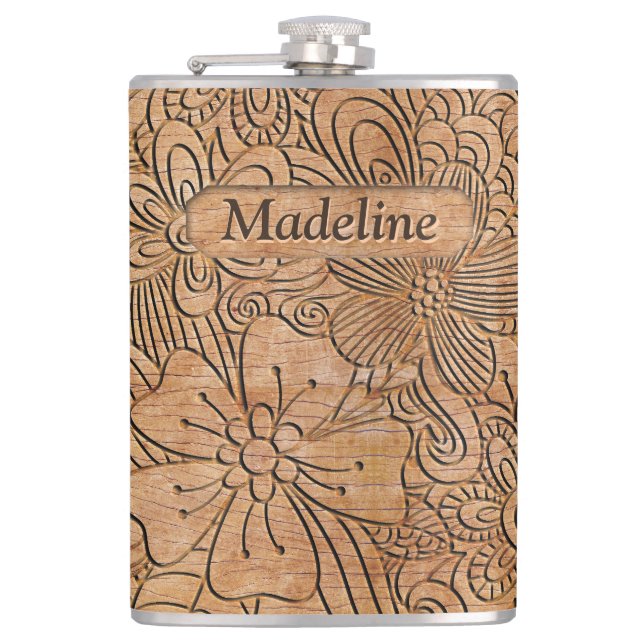 Wood Carvings Floral Pattern Personalised Hip Flask (Front)