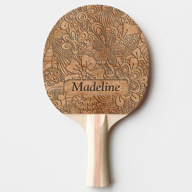 Wood Carvings Floral Pattern Personalised Ping Pong Paddle (Front)