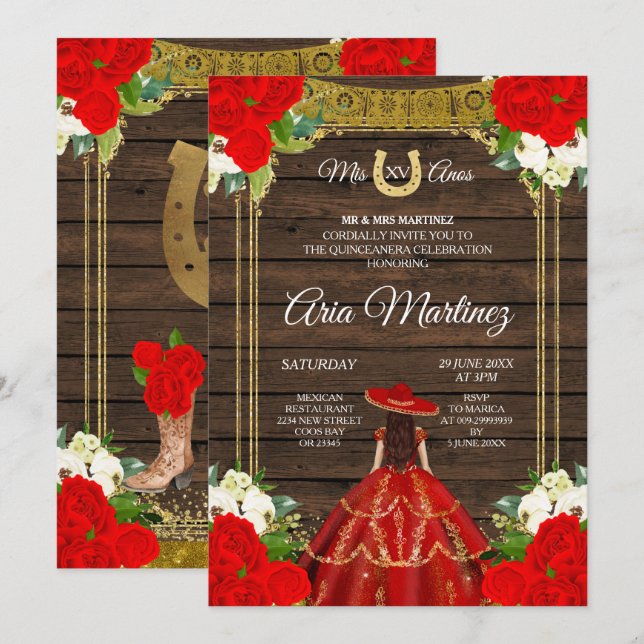 Wood Charro - Red Princess Mis Quince Invitation (Front/Back)
