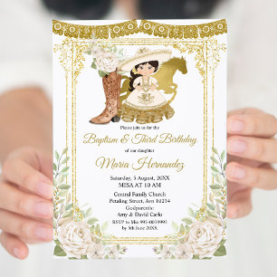 Wood Charro White Baptism & Third Birthday Invitation