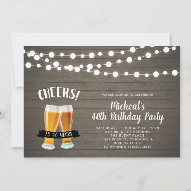 Wood Cheers, Beer 40th/50th Birthday Party Invitation (Front)