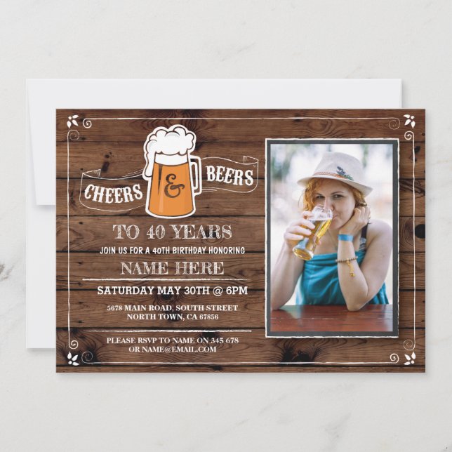 Wood Cheers & Beers Birthday Party Photo Invite. Invitation (Front)