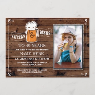 Wood Cheers & Beers Birthday Party Photo Invite. Invitation