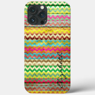 Wood Colourful Chevron Stripes Monogram iPhone 13 Pro Max Case