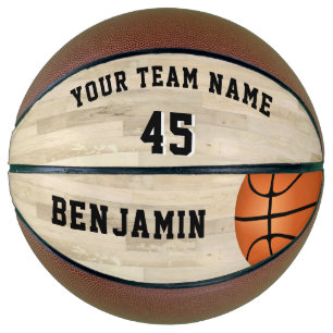 Wood Court Floor with Team Name Number Basketball